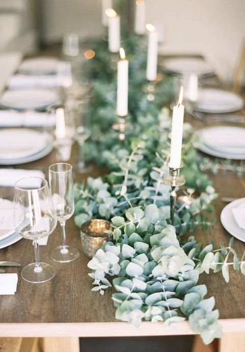 Close up of eucalyptus garland set on table