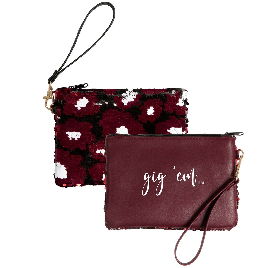Small double sided handheld purse. First side brown with GIG EM , back side brown, red and white sparkles in cow print