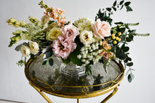 Load image into Gallery viewer, Fancy pale pink, pale green rose arrangement in clear vase
